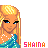 Pixel art of a blonde woman with blue eyes and green eyeliner wearing a teal dress, displayed in two side-by-side frames with text below.