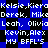 Pixelated blue and black diamond-patterned background with repeated white text listing names and 'MY BFFL'S' in a