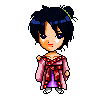 Pixel art character with dark blue hair in buns, purple eyes, and a pink kimono-style robe over purple clothing.