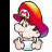 Pixelated character with red and yellow cap, white shirt, and purple brim stands in static pose against alternating black and white backgrounds.