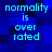 Blue pixelated background with cyan text reading "normality is over rated" in four identical quadrants.