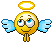 Pixelated yellow circular figure with blue wings, golden halo, and two legs; left side shows open eyes, right side closed eyes.