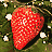 Pixelated red strawberry with white seeds on green foliage background, static image.