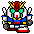 Pixel art character with red circular head, green eyes, yellow crown-like spikes, blue and white torso, gray arms, red feet; two identical frames side-by-side.