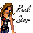 Pixel art icon of a female character with long brown hair wearing a black sleeveless top and blue pants, next to stylized text reading "Rock" and "Love" on white background.