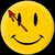 Yellow circular smiley face with black eyes and mouth, red diagonal line across left eye area on three views.