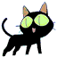 Two black cartoon cats with large green eyes and pink tongues stand side-by-side against a gray background, one cat's eyes are closed by a yellow stripe.