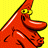 Pixelated red cartoon character with yellow eyes against a solid yellow background, rendered in 48x48 pixels with visible dithering and blocky edges.