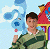 A pixelated animated contact sheet showing two frames of a Blues Clues-themed buddy icon with characters and text on a green background.