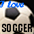 A soccer ball with blue 'I love' text above and black 'SOCCER' text below, showing animation where the middle letter of 'SOCCER' cycles through white.