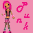 Pixel art buddy icon featuring a female character with pink hair and punk-style clothing against a solid pink background, accompanied by four separate pink symbols.