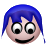 Pixelated cartoon face with blue hair, large white eyes with black pupils, and a wide black smile on a gray background.