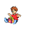 A boy in a red shirt and blue pants sits holding a pink gift box with yellow stars, then opens it to reveal scattered pink star-shaped objects.