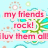 Light blue background with turquoise and green floral patterns, pink text listing names in a
