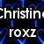 Pixelated text 'Christine' and 'ROXZ' on dark background with blue abstract shapes.