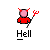 A pixelated devil icon with red horns and a pitchfork, cycling through body color changes from pink to brown while holding the text 'Hell' below.