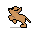Six pixelated cartoon animal poses in orange-brown tones on gray background, each with black outlines and subtle shading.