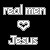 Static pixel art icon with gray text and a heart symbol on black background, reading 'real men' above a heart and 'Jesus' below.