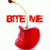 Red cherry with bite mark, green stem, and 'BITE ME' text above it on white background.