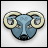 Pixelated blue ram head icon with large curved horns, black outline, and white background.
