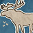 Pixelated moose with large antlers stands against blue background, four small white symbols below left; right side shows black 'AE' text on radiating blue pattern.