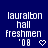 Blue background with white pixelated text reading 'lauralbon hall freshmen '08' and a heart symbol, showing two states where the heart's outline changes from solid to hollow.