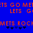 Blue background with orange pixelated text repeating 'LETS GO MEETS' and 'LETS GO' in multiple , with dark blue asterisk-like symbols below