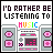 Pixel art contact sheet of five animated frames showing a boombox with changing audio visualizer bars and text "I'D RATHER BE LISTENING TO MUSIC" in black and rainbow letters.