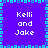 Pixelated blue background with cyan border and four identical text blocks reading 'Kelli and Jake' in white pixel font.