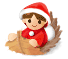 Pixelated character in red Santa hat and coat with white trim, seated inside a brown basket-like structure against gray background.