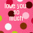 Pink background with brown, white, red, and green polka dots; text reads 'love you so much' on left side and 'Naggie' on right side.