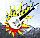 Pixelated animated icon shows yellow and black musical notes with red accents against a light blue background, transitioning to display 'MUSIC' text at the bottom.