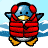 Pixelated penguin in red life vest with white dots, yellow beak and feet, blue head and body, against light blue sky background.