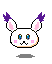 Pixel art contact sheet of a bunny mascot's animated expressions across five frames with purple-tipped ears and pink cheeks on gray background.