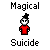 Pixel art character in red shirt and black hat with multiple text labels and animated cloud effects.