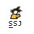 Two pixelated animated frames of a yellow-shirted character with white face, showing hair transformation from dark to spiky golden style on gray background.