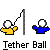 Animated pixel art of two figures fishing, one yellow and one blue, with a white ball on the line against gray background.