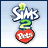 Animated icon features a gray tabby cat with green eyes and striped fur, transitioning between text-based 'Sims 2 Pets' logo states and full animal portrait views.