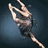 Pixelated figure in a ballet pose with arms raised and legs extended against dark blue background.