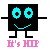 nine pixel-art characters with cyan eyes and mouths on black square bodies, each paired with pink text below