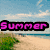 Pixelated beach scene with pink 'Summer' text, transitioning to campfire scene with yellow 'Camp' text, then to palm tree scene with orange 'Sun' text.