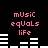 Pixelated pink text 'mUsiC eqUaLs liFe' above white horizontal bars on black background, with bar heights changing across frames.