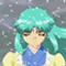 Pixelated anime-style character with teal hair and blue-yellow clothing against a gray speckled background, showing sequential facial expression changes.