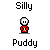 Pixel art character in red outfit with white head, holding yellow objects across multiple poses and text labels 'Silly' or 'Puddy Silly'.