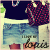 A person wearing a dark top, light blue denim shorts, and a red-and-black polka-dot bag with white straps, holding a green cup, with text overlay reading "I LOVE MY louis".