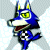 Pixelated blue animal with green eyes, yellow-tipped ears, and a white muzzle, standing against a light gray background.