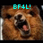 Pixelated close-up of a brown dog's face with mouth open, tongue visible, and cyan text 'EF4L!' above it on a black background.