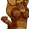 Pixel art of a brown armored cat statue with open mouth showing teeth, raised paw, and visible armor plates on chest and limbs.