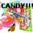 A colorful pixelated animation of a character with pink hair and orange clothing, displaying text changes from 'CANDY!!!' to 'YUMMY IN MY TUMMY'.