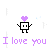 Pixelated character with square body and limbs, one holding a purple heart above its head, the other without; both have 'I love you' text below in matching purple.